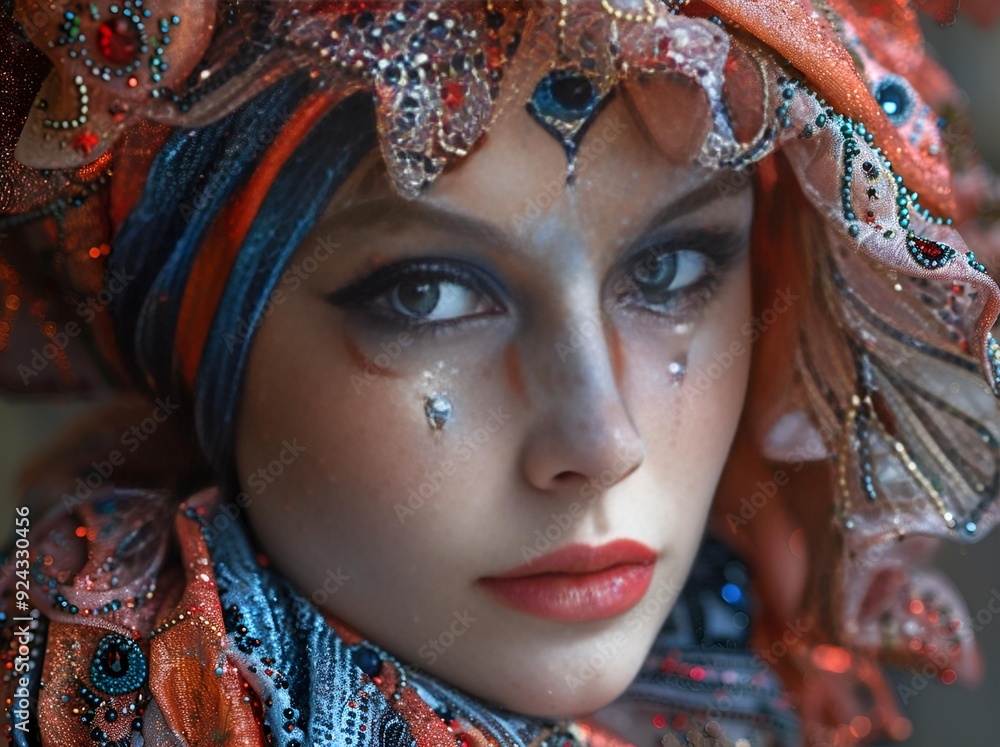 A woman adorned with a vibrant headpiece and striking makeup. A woman adorned with a vibrant headpiece and striking makeup.