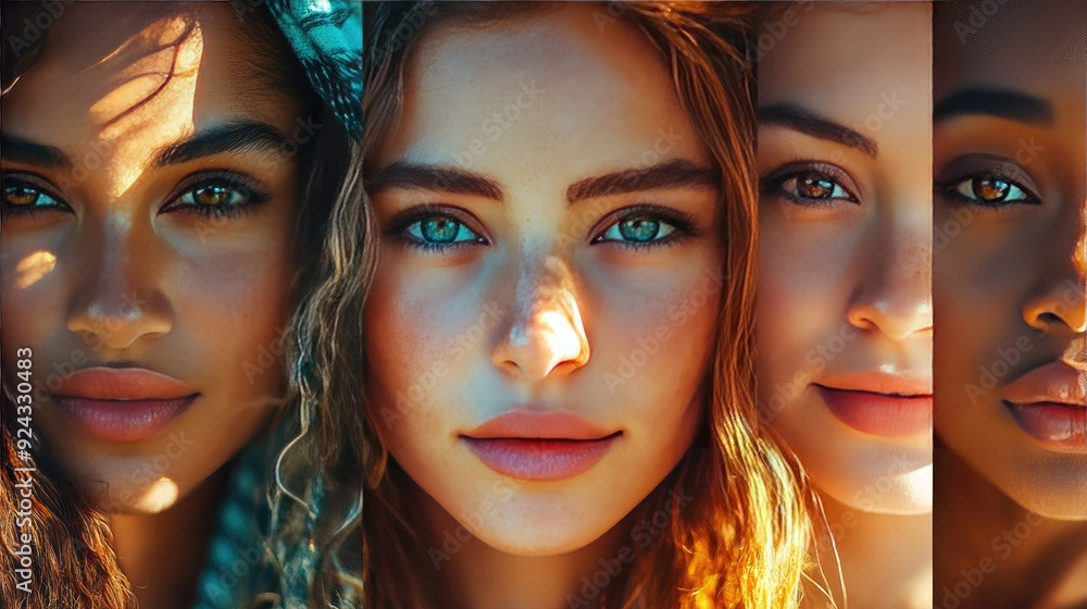 Obraz premium Diverse Faces of Women with Different Skin Tones and Eye Colors in Natural Light
