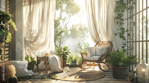 Obraz na płótnie A porch with clear drapes that flow in the wind potted plants and rattan seat w salonie