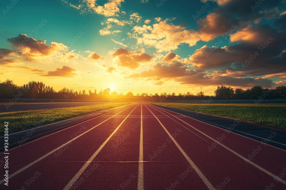Empty nobody running track with sunset sky, sport background with generative ai Empty nobody running track with sunset sky, sport background with generative ai