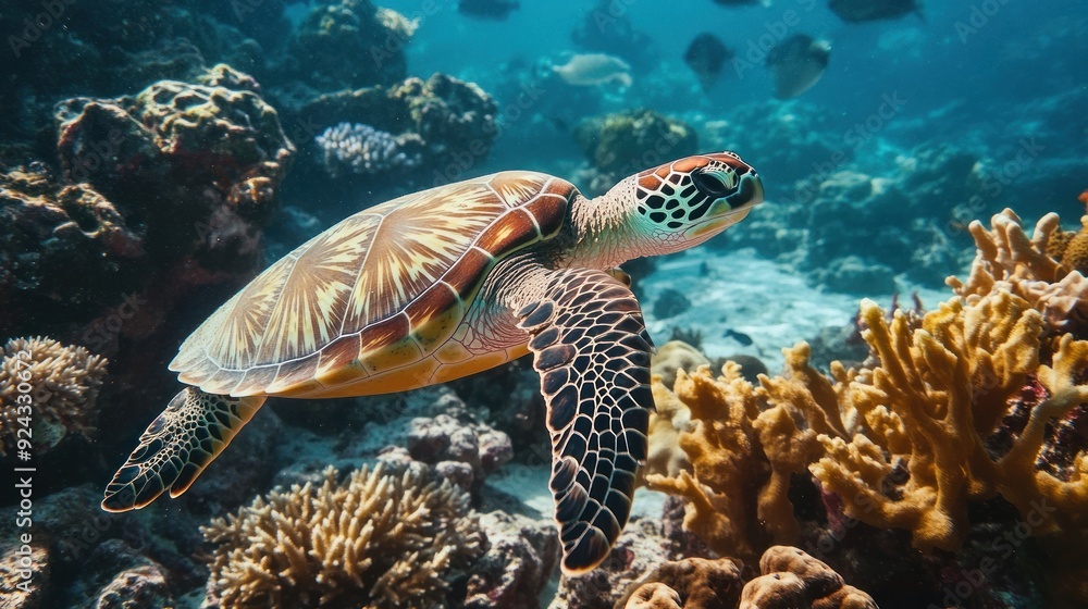 Sea Turtle Swimming Through Coral Reef Sea Turtle Swimming Through Coral Reef