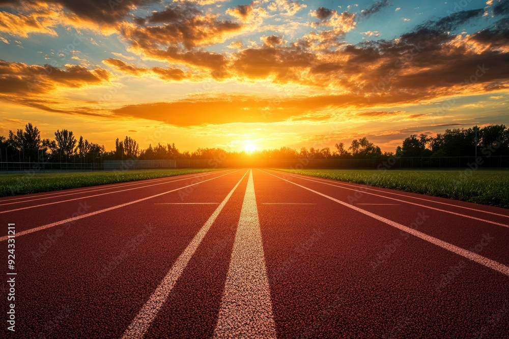 Empty nobody running track with sunset sky, sport background with generative ai Empty nobody running track with sunset sky, sport background with generative ai