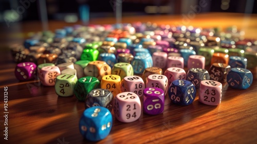 A Close-Up of Colorful Dice Scattered on a Wooden Table photo