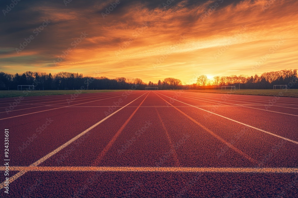 Empty nobody running track with sunset sky, sport background with generative ai Empty nobody running track with sunset sky, sport background with generative ai