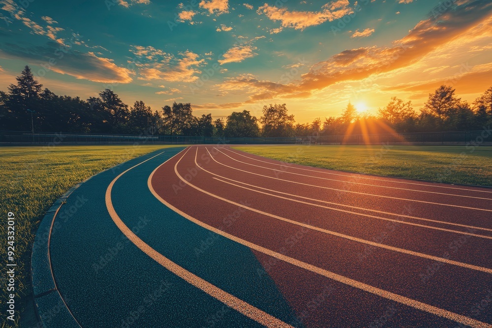 Naklejka premium Empty nobody running track with sunset sky, sport background with generative ai
