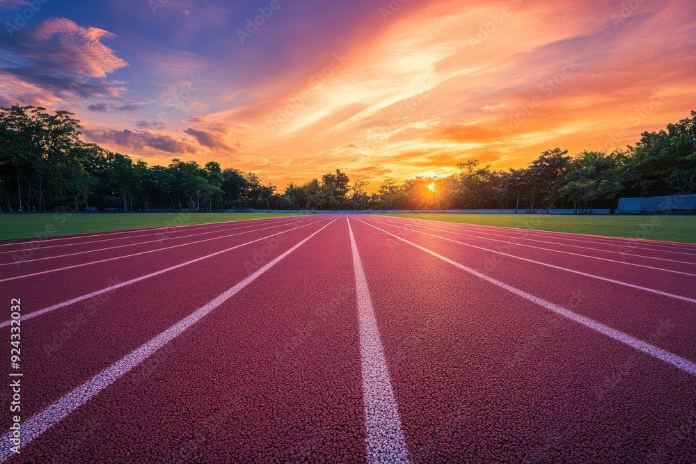 Naklejka premium Empty nobody running track with sunset sky, sport background with generative ai