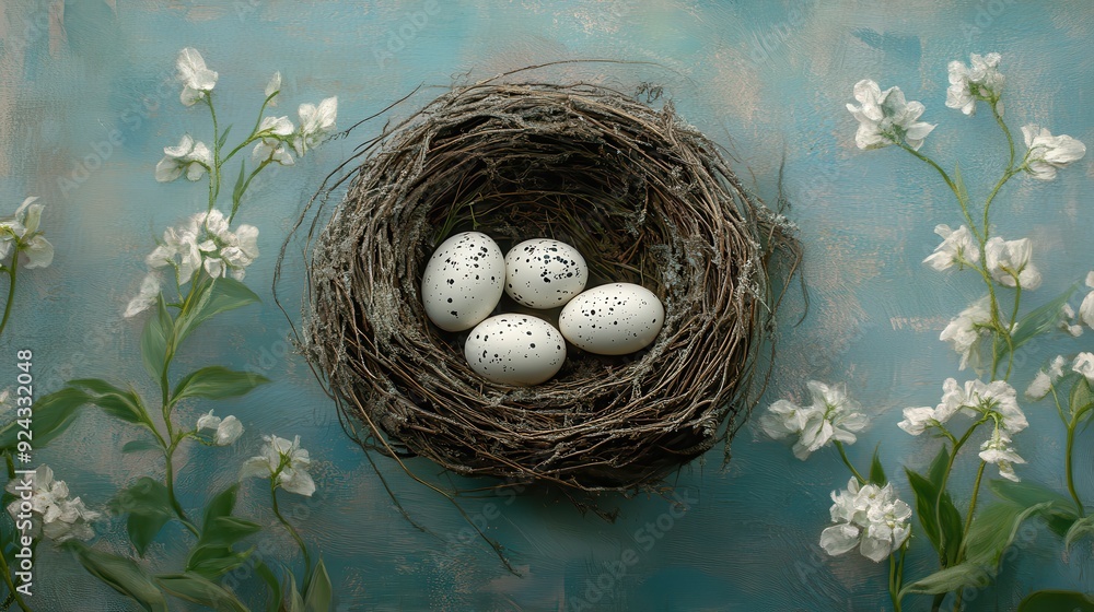 Bird Nest with Eggs and White Flowers on Blue Background. Bird Nest with Eggs and White Flowers on Blue Background.