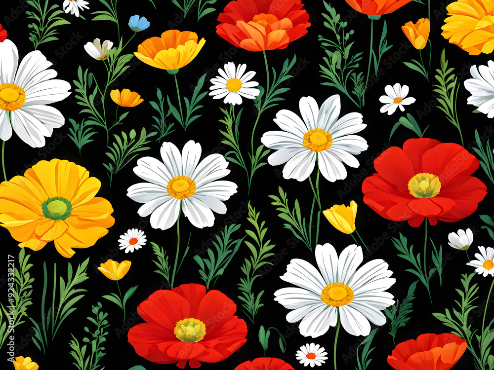 seamless pattern with flowers, argyle daisy poppy marigolds pattern overlay in bright jewel tones black white cartoon drawing	