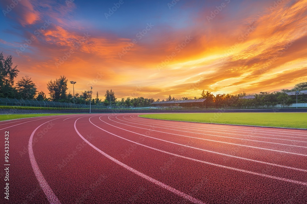 Empty nobody running track with sunset sky, sport background with generative ai Empty nobody running track with sunset sky, sport background with generative ai