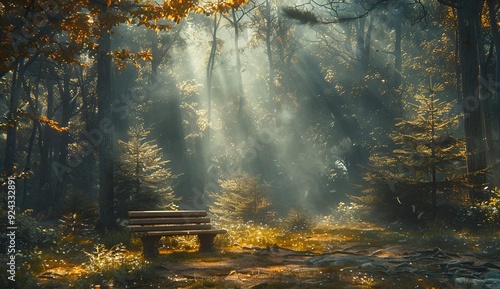 A serene wooden bench nestled in the woods, illuminated by sunlight .