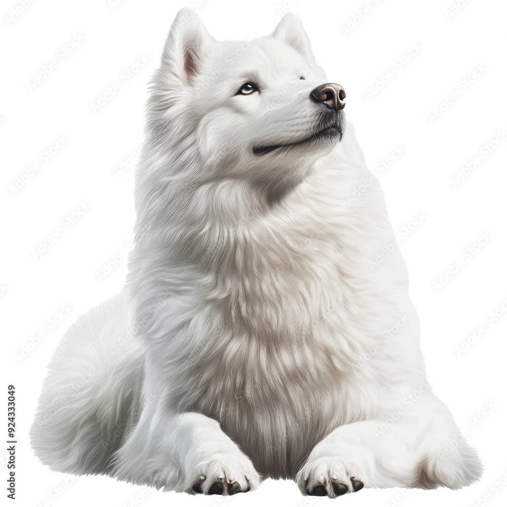 Obraz premium PNG Samoyed dog sitting gracefully against a neutral background during the afternoon