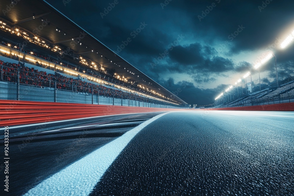 Fast ride on racing track and empty grandstands around asphalt road at night. Professional digital 3d illustration of racing sports with generative ai Fast ride on racing track and empty grandstands around asphalt road at night. Professional digital 3d illustration of racing sports with generative ai