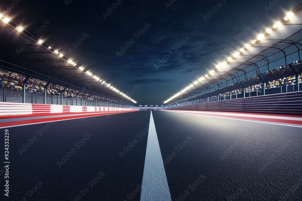Fast ride on racing track and empty grandstands around asphalt road at night. Professional digital 3d illustration of racing sports with generative ai Fast ride on racing track and empty grandstands around asphalt road at night. Professional digital 3d illustration of racing sports with generative ai