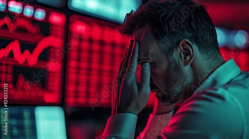 Professional businessman with his hands on his head at stock market charts on digital screen,  Red graph, Financial crisis concept with stock broker saddened by negative ticker information. photo