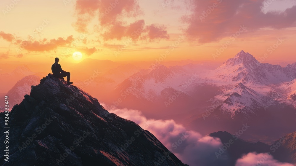 Naklejka premium Man Sitting on Mountain Peak at Sunset.