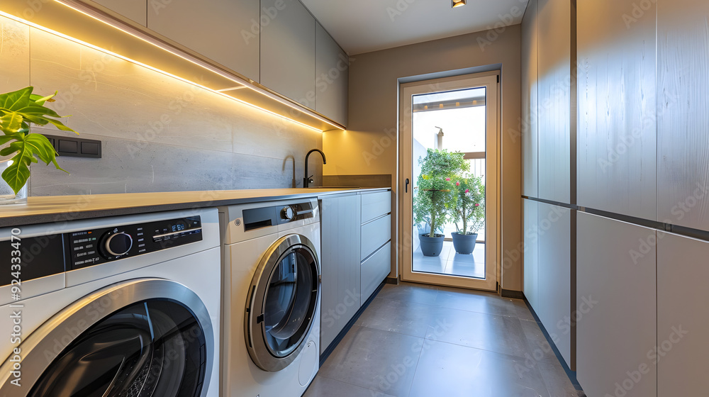 Modern Laundry Room Interior Design with White Cabinets and Washing Machines - Photo Modern Laundry Room Interior Design with White Cabinets and Washing Machines - Photo