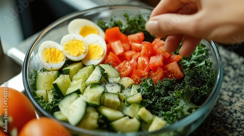 healthy kale salad being prepared with eggs, tomato, cucumber and avocado