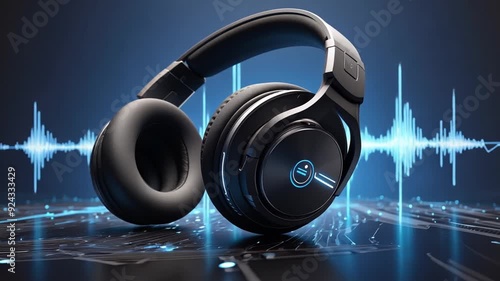 A sleek pair of modern headphones with a digital soundwave background. photo