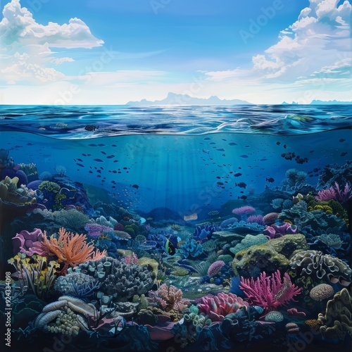 Underwater coral reef with tropical fish, viewed from the surface with blue sky and clouds.