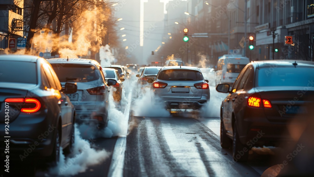 Obraz premium In the tranquil morning light, cars line the busy street, emitting steam and showcasing the rush of urban life amidst a subtle golden glow of dawn in the city.
