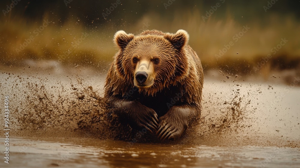 Grizzly Bear Running Through Water. Grizzly Bear Running Through Water.