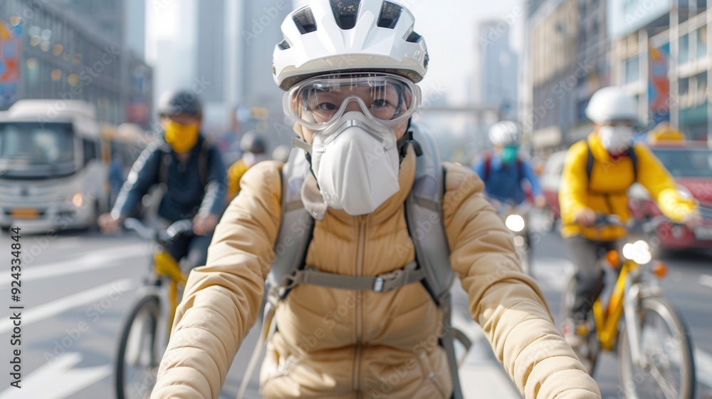 Navigating the Urban Landscape: A young woman in a protective mask commutes through city traffic on her bike, highlighting urban resilience and personal safety. Navigating the Urban Landscape: A young woman in a protective mask commutes through city traffic on her bike, highlighting urban resilience and personal safety.