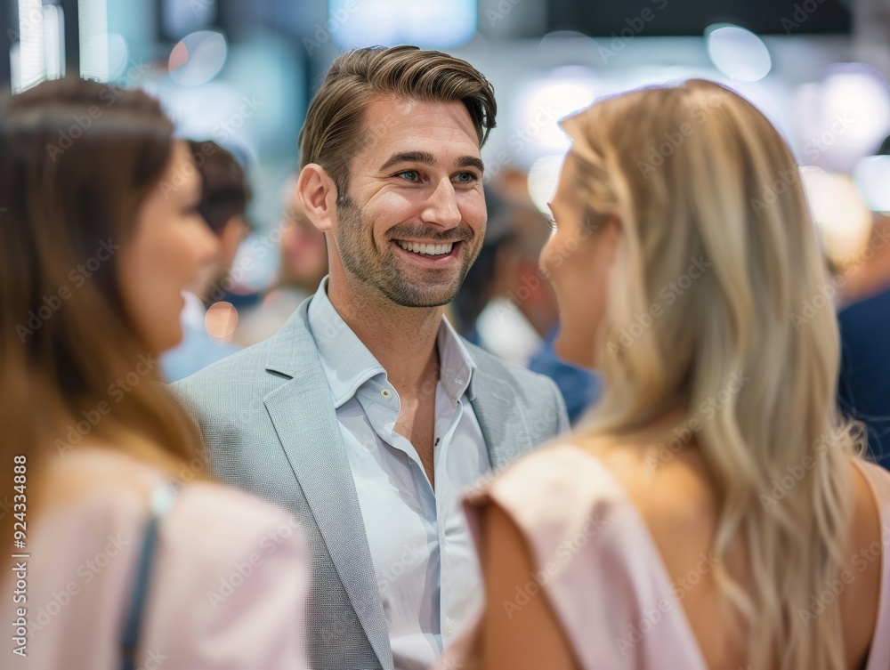 Fototapeta premium Charming caucasian man and two women from diverse backgrounds, they are exhibitor and customer, exemplify diversity and inclusion at modern exhibition and trade shows.
