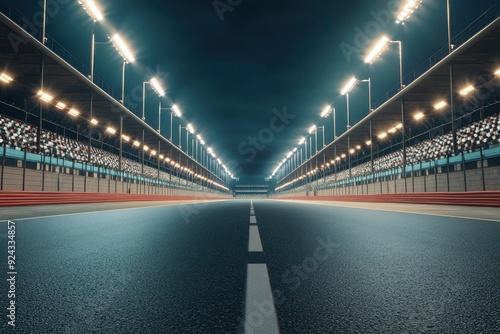 Fast ride on racing track and empty grandstands around asphalt road at night. Professional digital 3d illustration of racing sports with generative ai