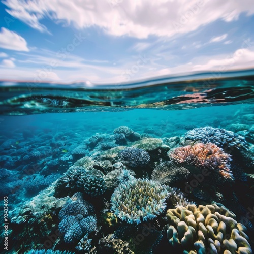 Underwater view of colorful coral reef with blue sky above.