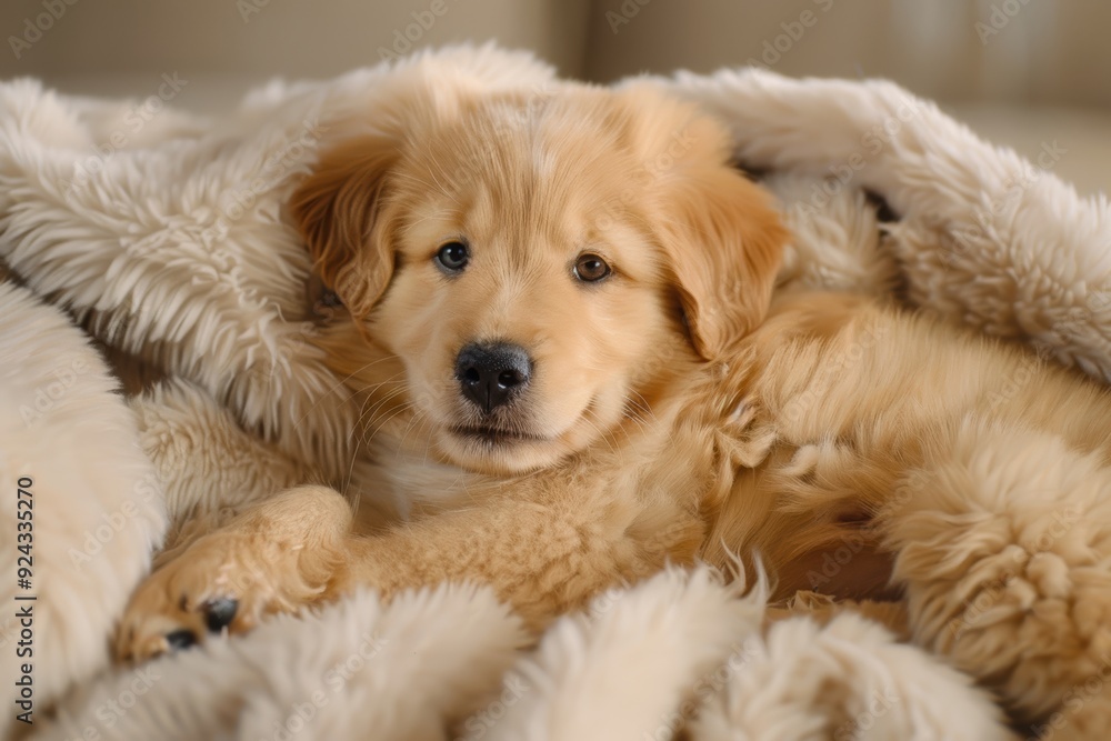 A cute puppy resting on a fluffy blanket, with a soft focus background. The puppy's curious eyes and soft fur create an endearing and cozy scene. A cute puppy resting on a fluffy blanket, with a soft focus background. The puppy's curious eyes and soft fur create an endearing and cozy scene.