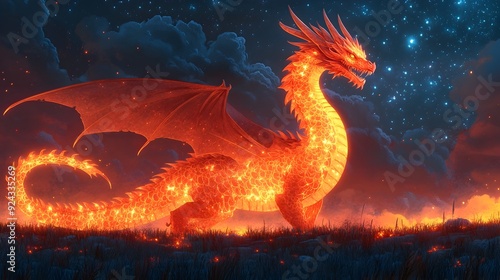 Fotografie Radiant Arcane Dragon Illuminating the Starlit Fantasy Landscape
