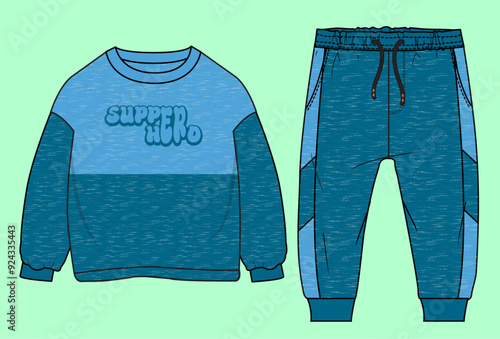 Boys drop shoulder crew neck winter terry fleece sweatshirt and jogger flat sketch outline vector fashion illustration template.