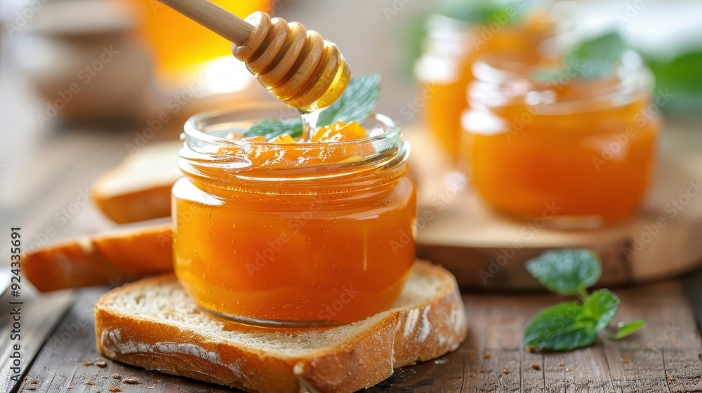 Carrot jam spread on warm toasted bread, with fresh mint leaves and a drizzle of honey around. Carrot jam spread on warm toasted bread, with fresh mint leaves and a drizzle of honey around.