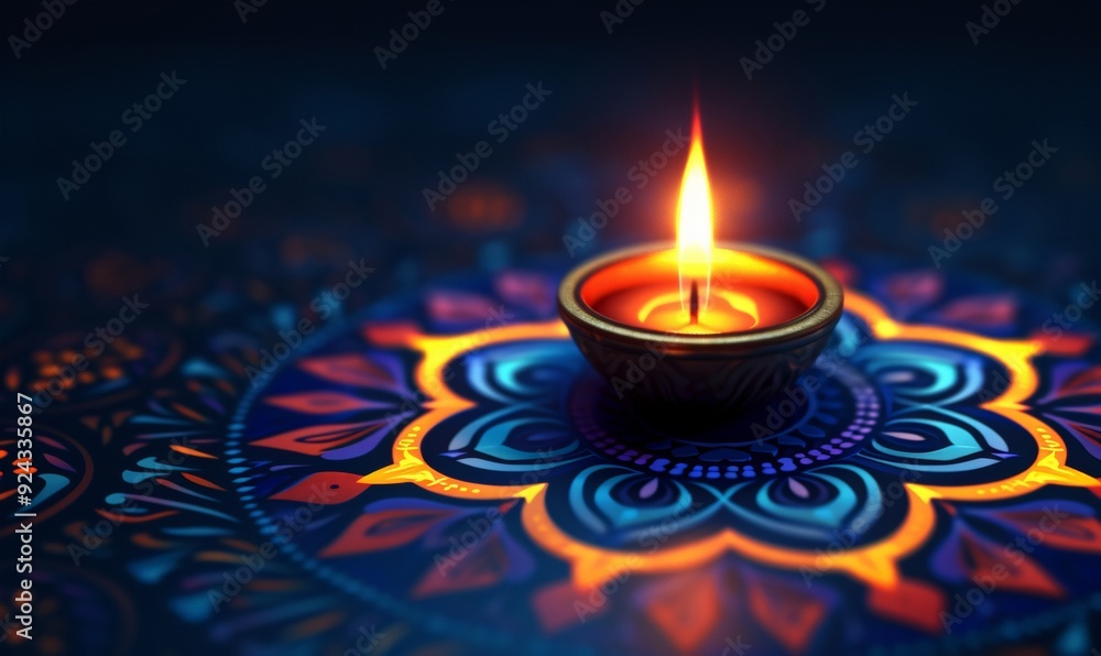 lighted Indian traditional Diya lamp on bright festive background. diya oil lamp on abstract rangoli background. Deepavali, Diwali, Hindu festival of lights. Greeting card, banner, invitation. lighted Indian traditional Diya lamp on bright festive background. diya oil lamp on abstract rangoli background. Deepavali, Diwali, Hindu festival of lights. Greeting card, banner, invitation.