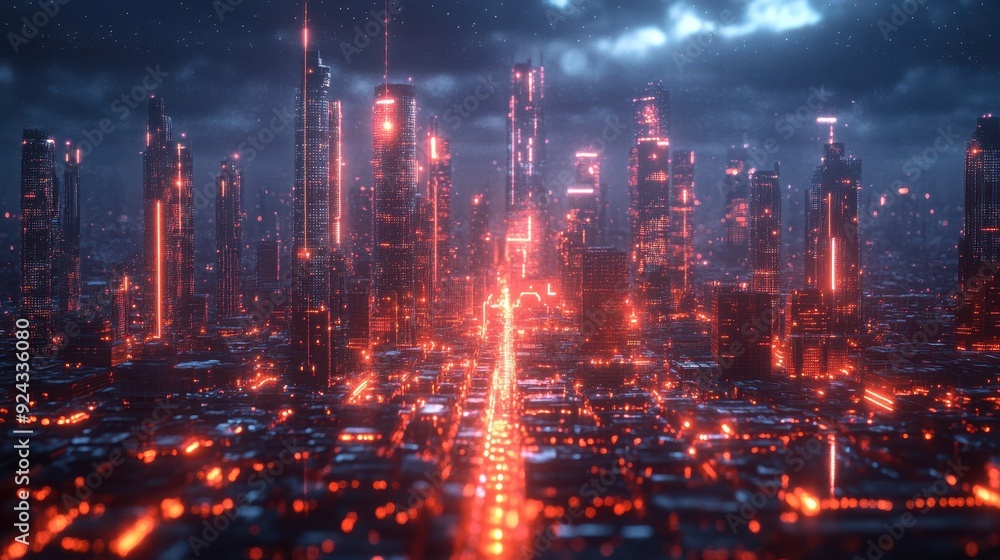 Futuristic Cityscape at Night with Red Lights. Futuristic Cityscape at Night with Red Lights.