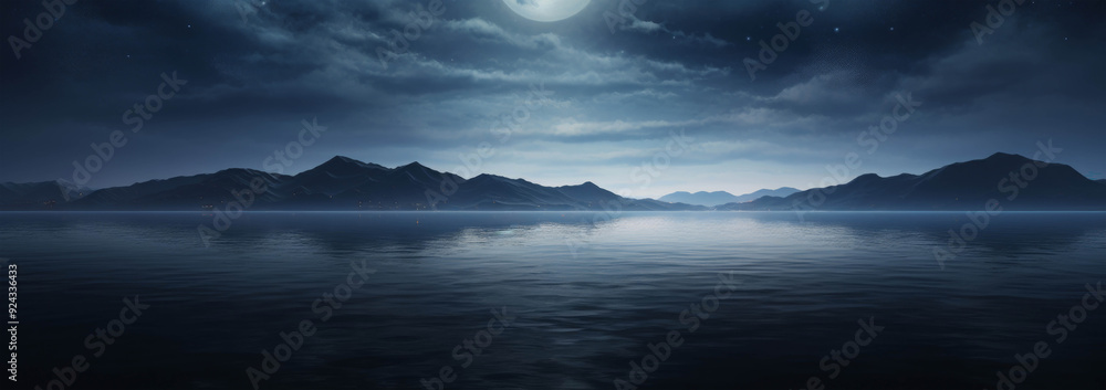 Naklejka premium Serene Nightfall Over the Calm Ocean with Stars Twinkling in the Midnight Sky