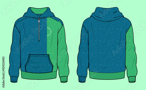 Older Boys and men's drop shoulder terry fleece cut and sew colour block half zip through hoodie flat sketch outline vector fashion illustration template. 