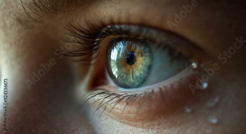 Extreme close-up of human eye with reflection. Detailed view of human eye with light reflection.