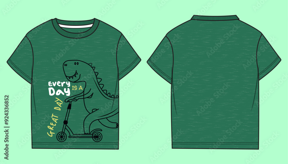Boys basic short sleeve green slub single jersey fabric round neck dinosaur graphic t-shirt flat sketch outline vector fashion illustration template. Boys basic short sleeve green slub single jersey fabric round neck dinosaur graphic t-shirt flat sketch outline vector fashion illustration template.