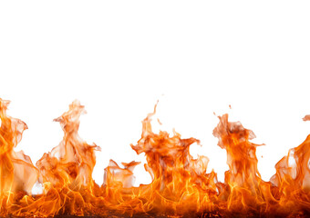 Burning fire flames border white texture isolated on a transparent or white background.
