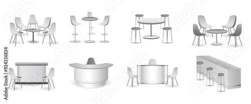 set of realistic trade exhibition chair and table or white blank exhibition kiosk or stand booth corporate commercial. Eps Vector