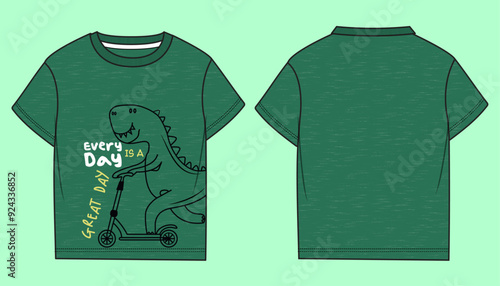 Boys basic short sleeve green slub single jersey fabric round neck dinosaur graphic t-shirt flat sketch outline vector fashion illustration template. 