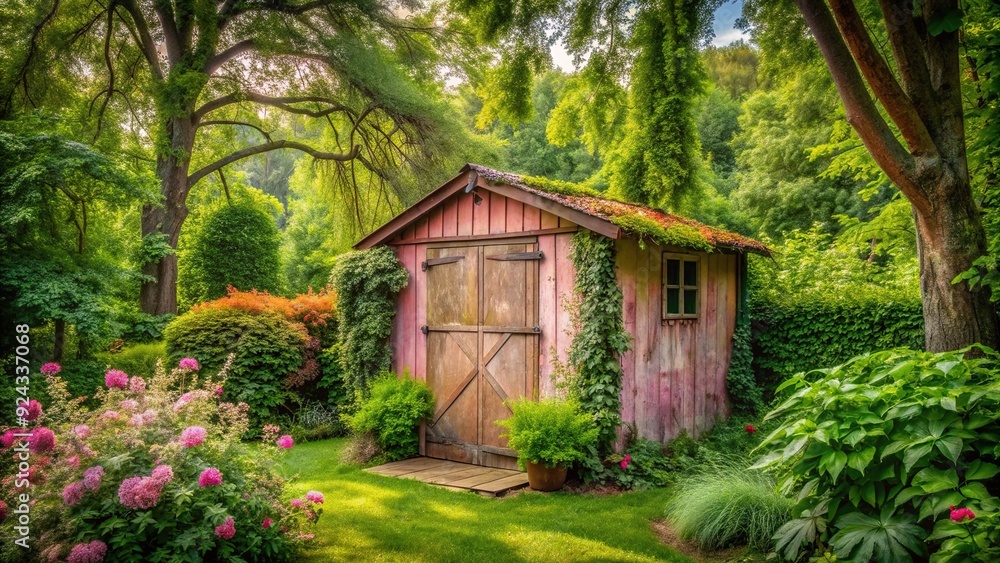Serene park surrounded by lush green trees with a vintage pink shed featuring rusted walls, wooden doors, and overgrown with vines and wildflowers. Serene park surrounded by lush green trees with a vintage pink shed featuring rusted walls, wooden doors, and overgrown with vines and wildflowers.