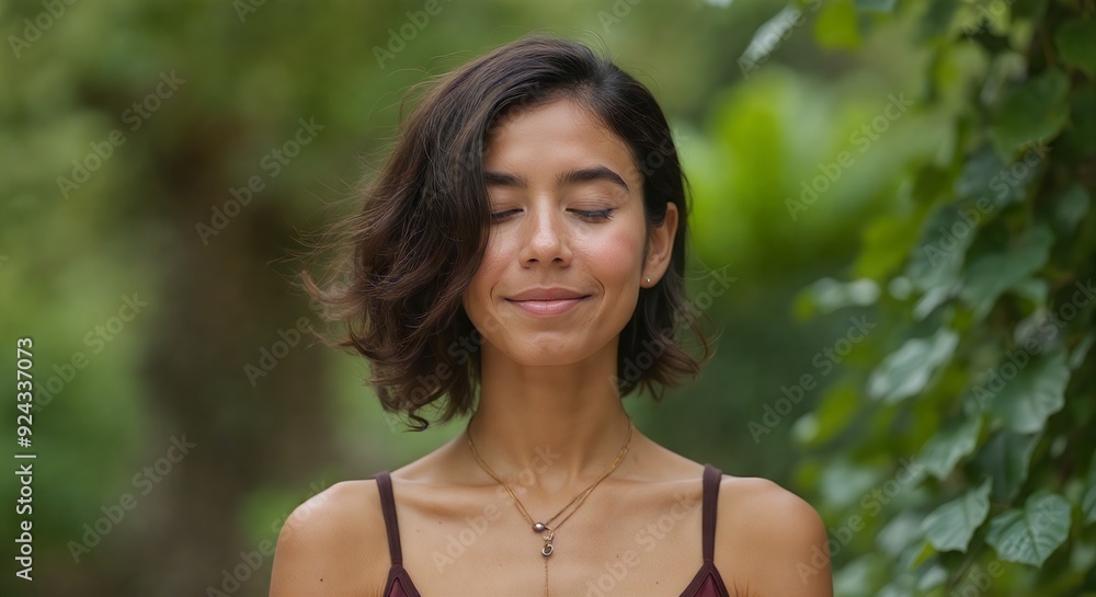Natural beauty in bloom: Embracing simplicity and authenticity. Woman with short dark hair and minimal makeup smiling in outdoor setting. Natural beauty in bloom: Embracing simplicity and authenticity. Woman with short dark hair and minimal makeup smiling in outdoor setting.