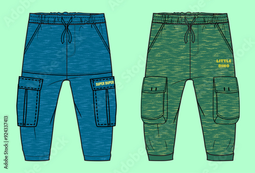 Boys teal and green slub terry fleece winter cargo pants flat sketch outline vector fashion illustration template. 