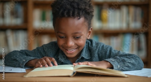 Joyful learning: Child's delight in literary discovery. Smiling African American boy engrossed in reading a large book.