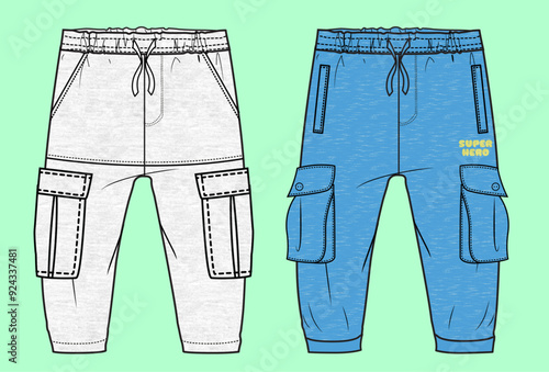 Boys grey and blue slub terry fleece winter cargo pants flat sketch outline vector fashion illustration template.. 