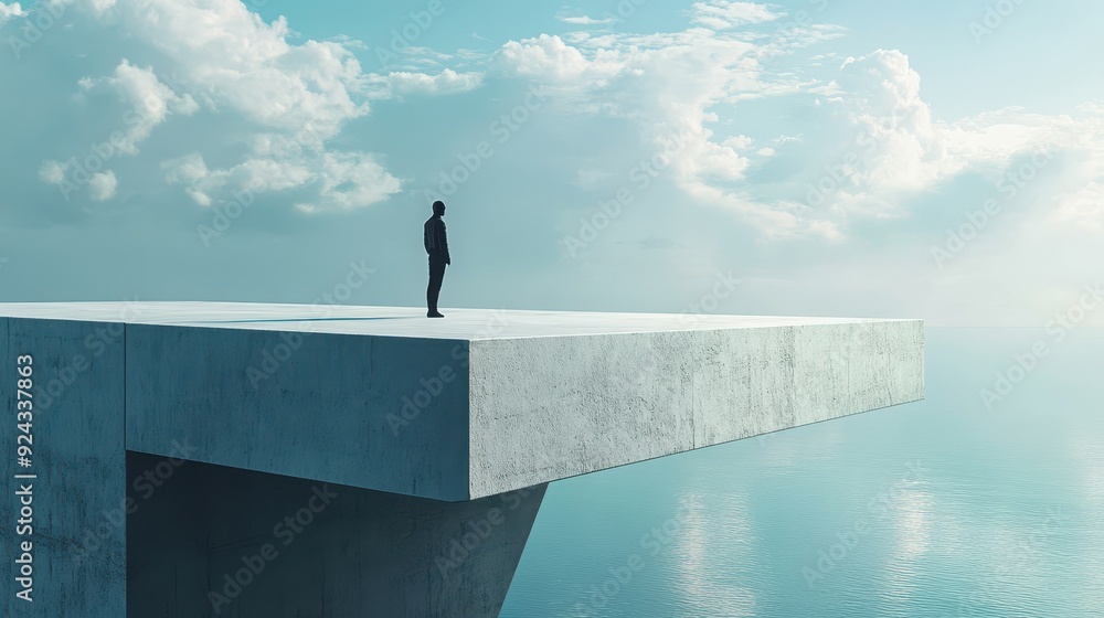 Man Standing On Edge Of Platform Overlooking Ocean. Man Standing On Edge Of Platform Overlooking Ocean.
