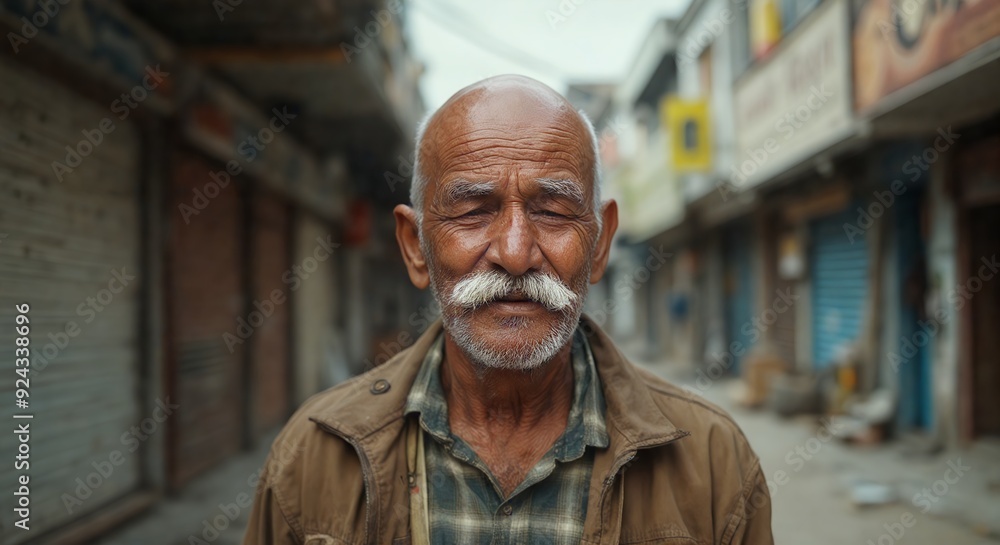 Weathered wisdom: Elder's dignified urban portrait. Close-up of senior man with mustache in urban setting. Weathered wisdom: Elder's dignified urban portrait. Close-up of senior man with mustache in urban setting.