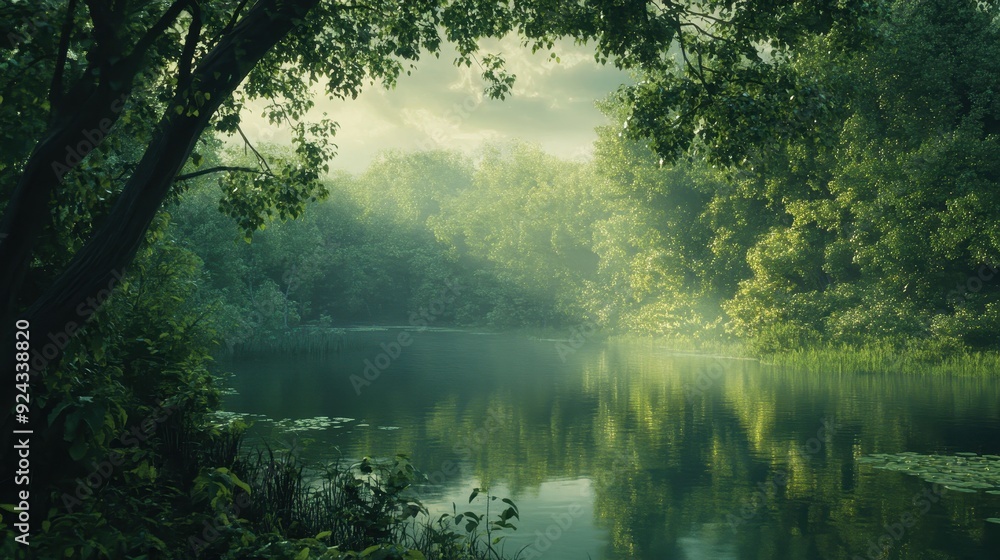 Fototapeta premium Tranquil Forest River Scene.